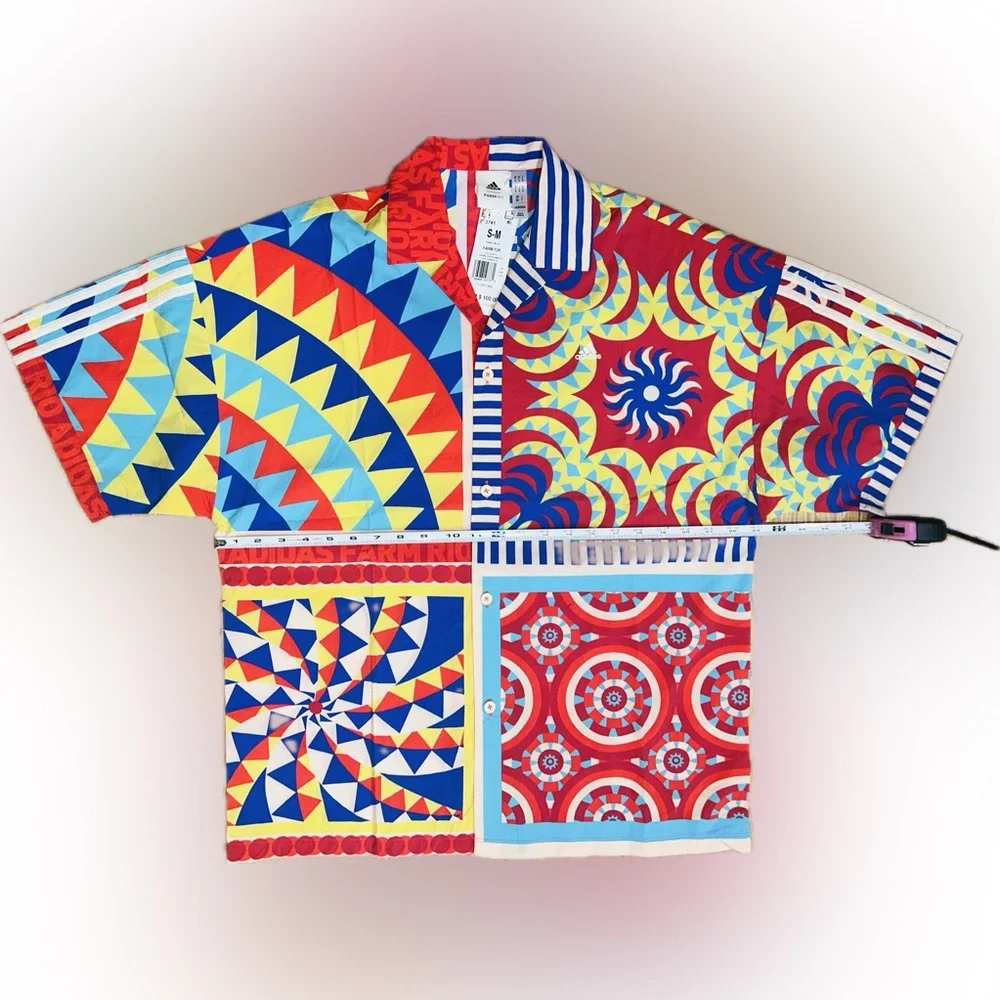 NWT Farm Rio/Adidas collab SZ S/M red/blue/yellow button front collared shirt. - Picture 9 of 10